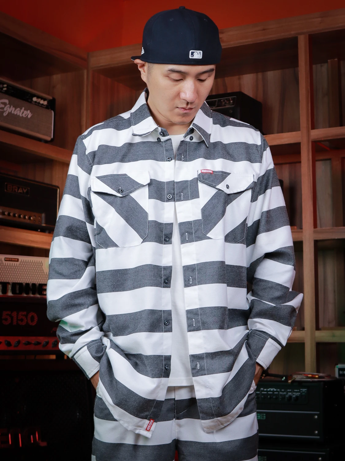 Loose Fit Long Sleeve Motorcycle Workwear Shirt Black White Stripes Pure Prison Style Casual Fashion Men's Button up Top