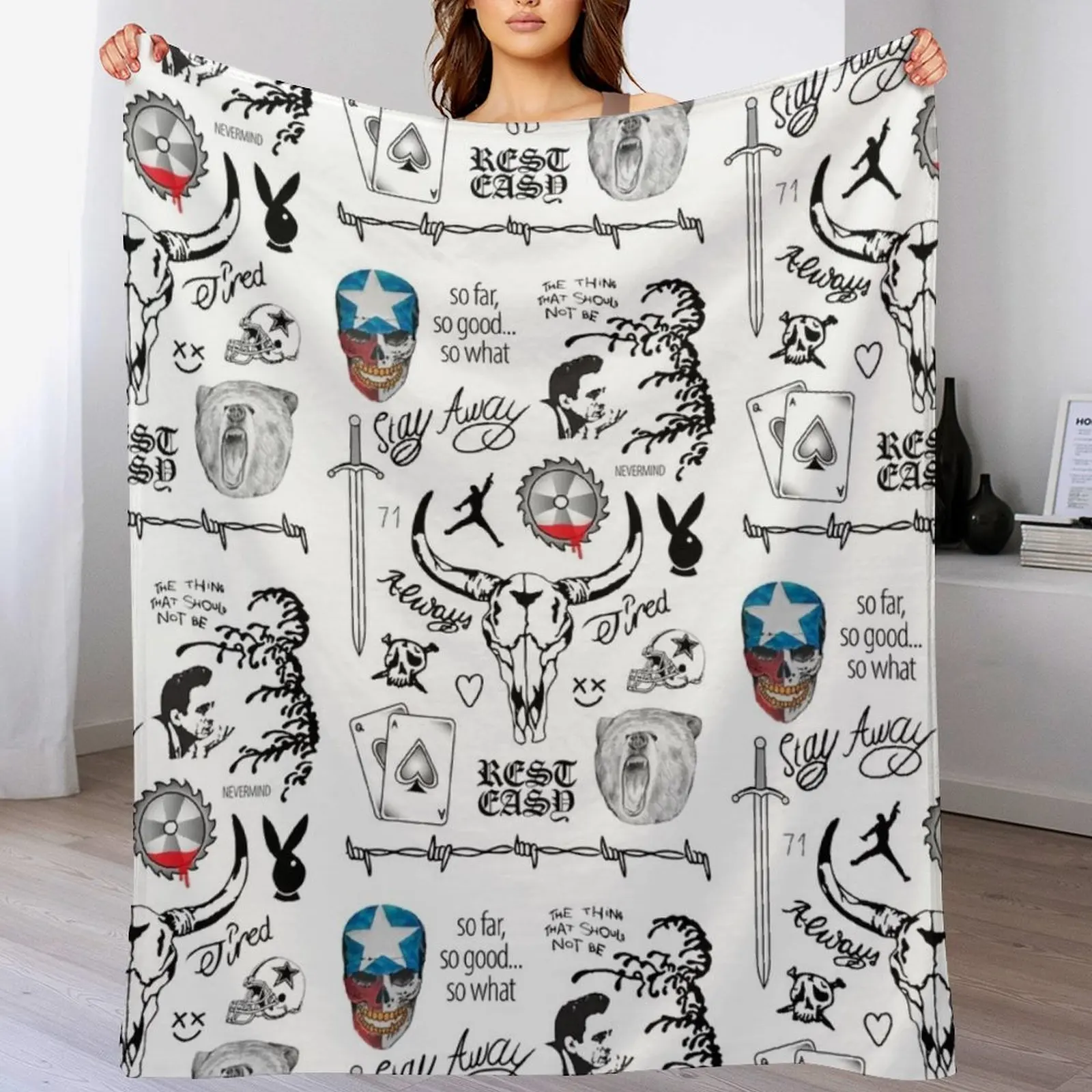 

Posty Tattoo Drawings Throw Blanket Outdoor Soft Blanket for Picnic Beach Camping