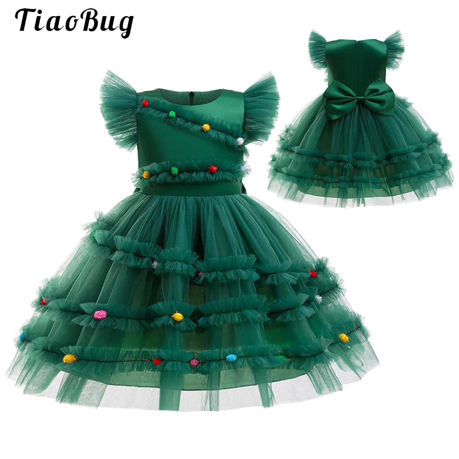 

New Christmas Girls Princess Dress Cute Green Christmas Tree Bowknot Mesh Layered Christmas Party Costumes Xmas Holiday Clothes