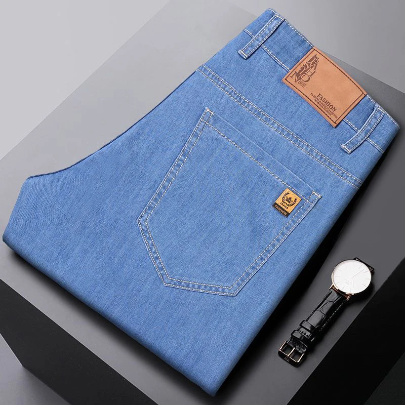 New Ice Silk Thin Denim Jeans For Men Blue Straight Stretch Cotton Pants Business Casual Lightweight Trousers Spring Summer