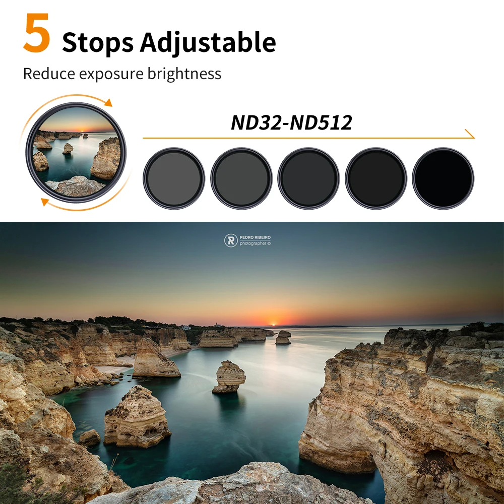 K&F Concept Variable ND32-ND512 Filter No X Cross HD Neutral Density Waterproof 37/43/49/52/62/ 67/72/77/82/86mm with 5pcs Cloth