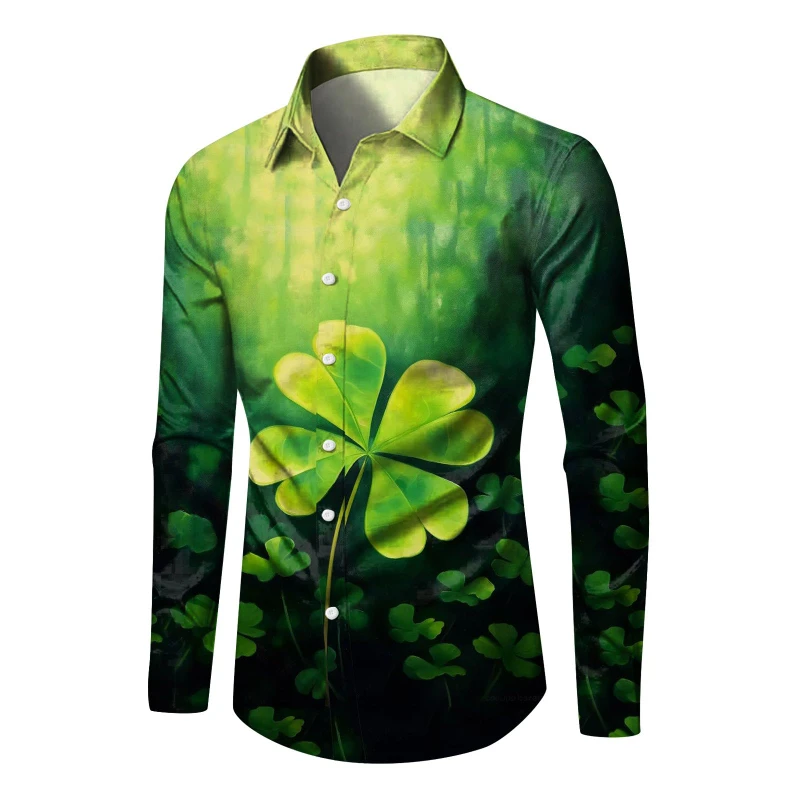 Fashion Men St. Patrick's Day Long Sleeve Shirts 3D Print Green Clover Graphic Hawaiian Shirts Women Clothing Casual Fashion Top