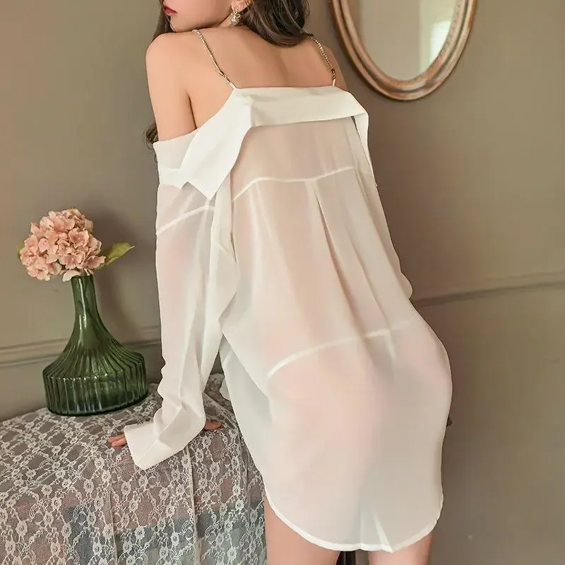 Women Nightgown Sexy Sleepwear Shirt Dresses Night Gowns Big Size Chain Chiffon Strapless See-through Pajamas Loungewear Design