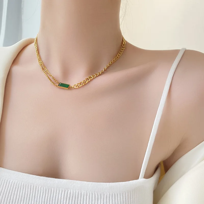 Stainless Steel Luxury Brand Gold Color Dissymmetry Emerald Pendant Necklace for Women Exquisite Chokers Jewelry Gift Colorfast