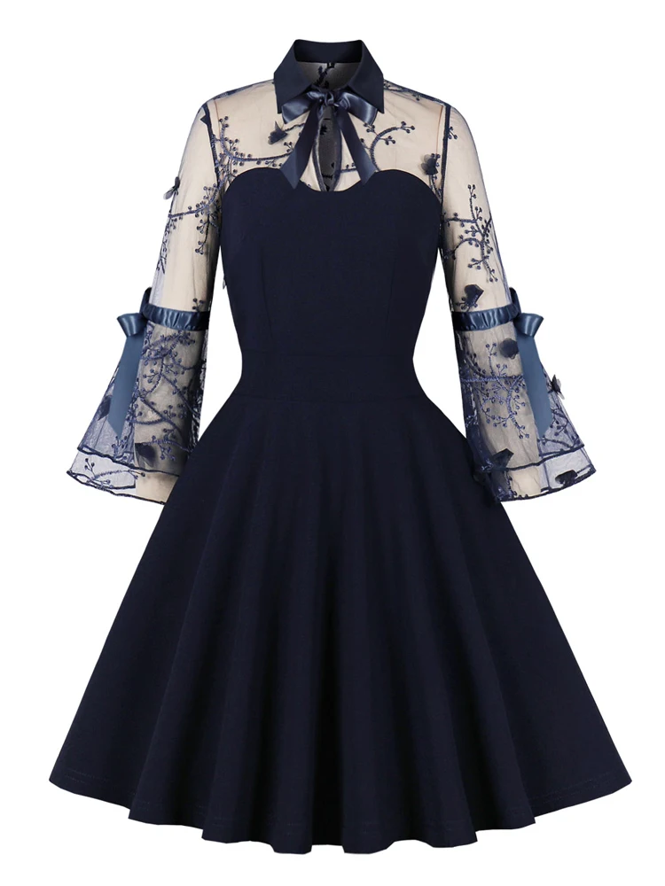 Turn-Down Collar Mesh 3/4 Length Sleeve Elegant Navy Blue Dresses for Women Evening Party Vintage Style Mini Dress