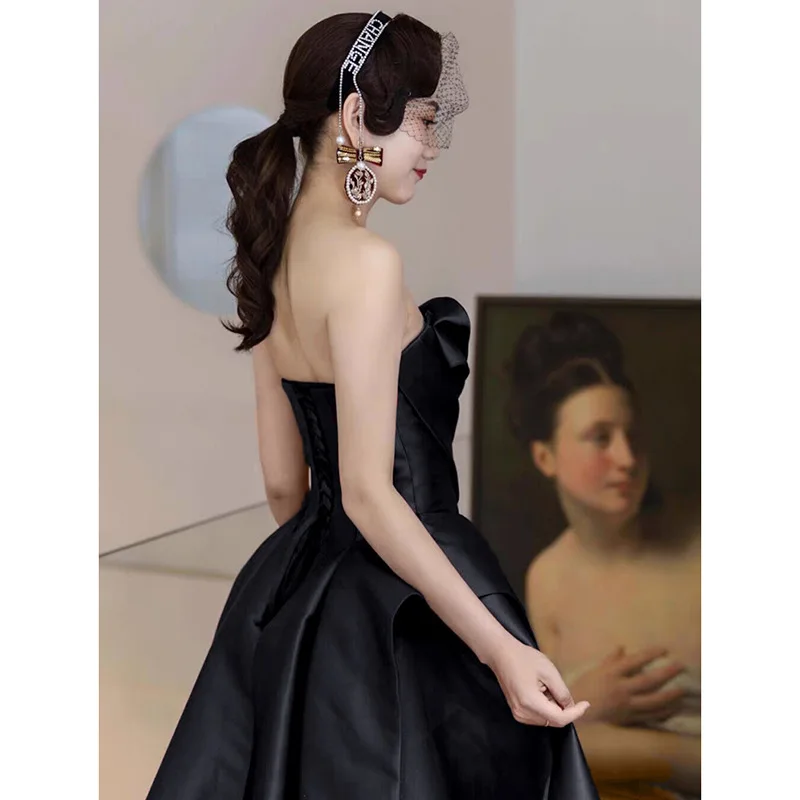Black Strapless Sleeveless Satin One Shoulder Evening Dress New Item Niche Annual Meeting Art Exam Dress Host High Waisted Dress - Image 2