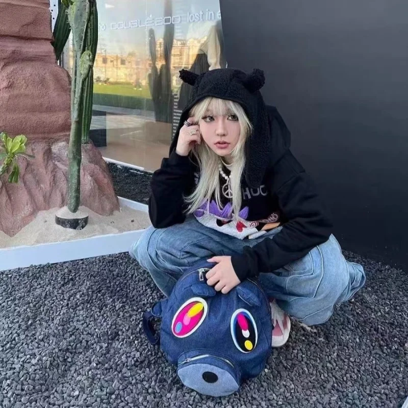 

Original Spoof Kanye West Dropout Bear Black Pu Leather Backpack Large Capacity School Bag Couple Cartoon Backpack