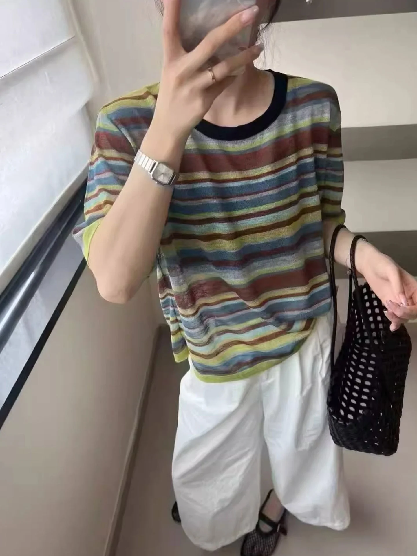 

Корейская летняя женская футболка с круглым вырезом, коротким рукавом, вязаная, в полоску, с цветовыми блоками, прямого кроя, из шелка