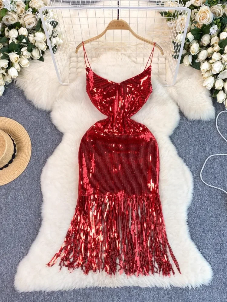 Sexy Sequin frędzle slip Dress Chic Vintage Evening Party Club Women Chic Slim Ceremonial Hip Wrap dresses — zdjęcie 2