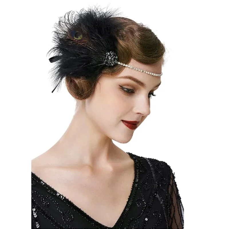 Diadema estilo flapper vintage de los años 20, tocado de gran Gatsby rugiente con plumas, accesorios para el cabello de Flapper Gatsby de los años 20, conjunto negro