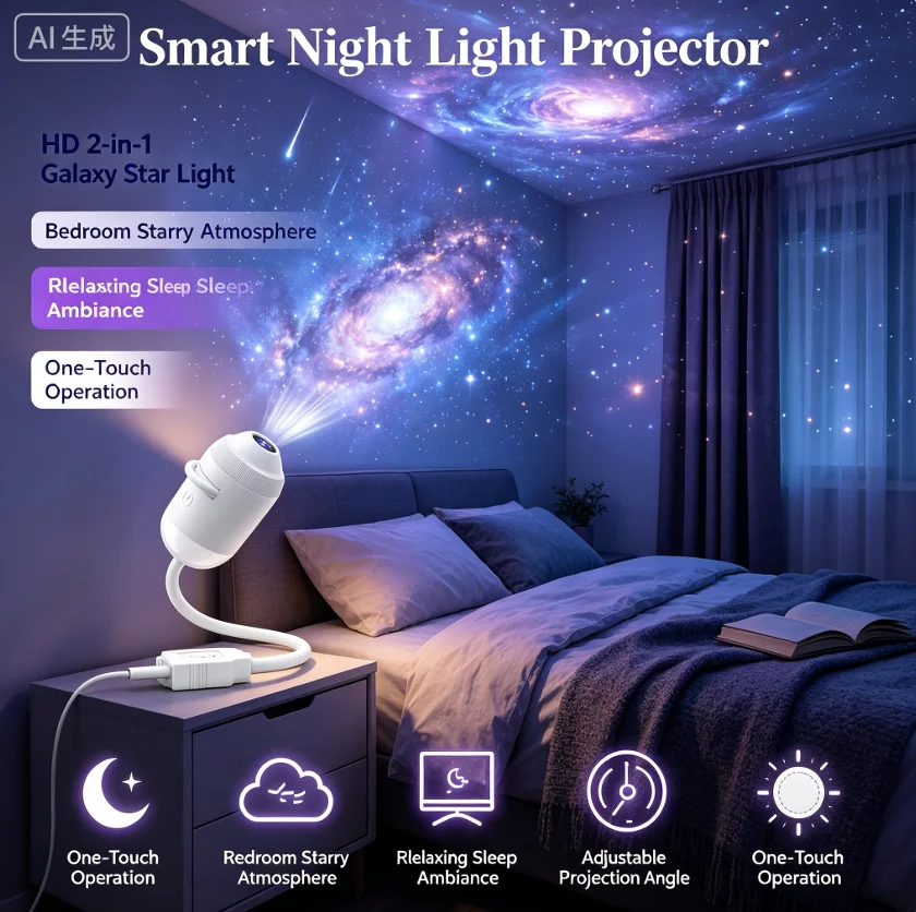 HD Smart Dynamic 5D Holographic Night Light Projector & Films Plug and Play HD 2-in-1 Galaxy Star Projector Lamp 24 Styles USB