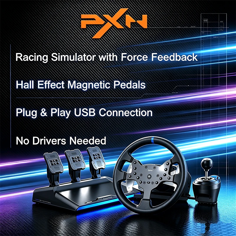 PXN V99 300mm Racing Wheel, Hall Effect Pedals, App Control, 6+1 Shifter, 3.2Nm Dual Motor Force Feedback