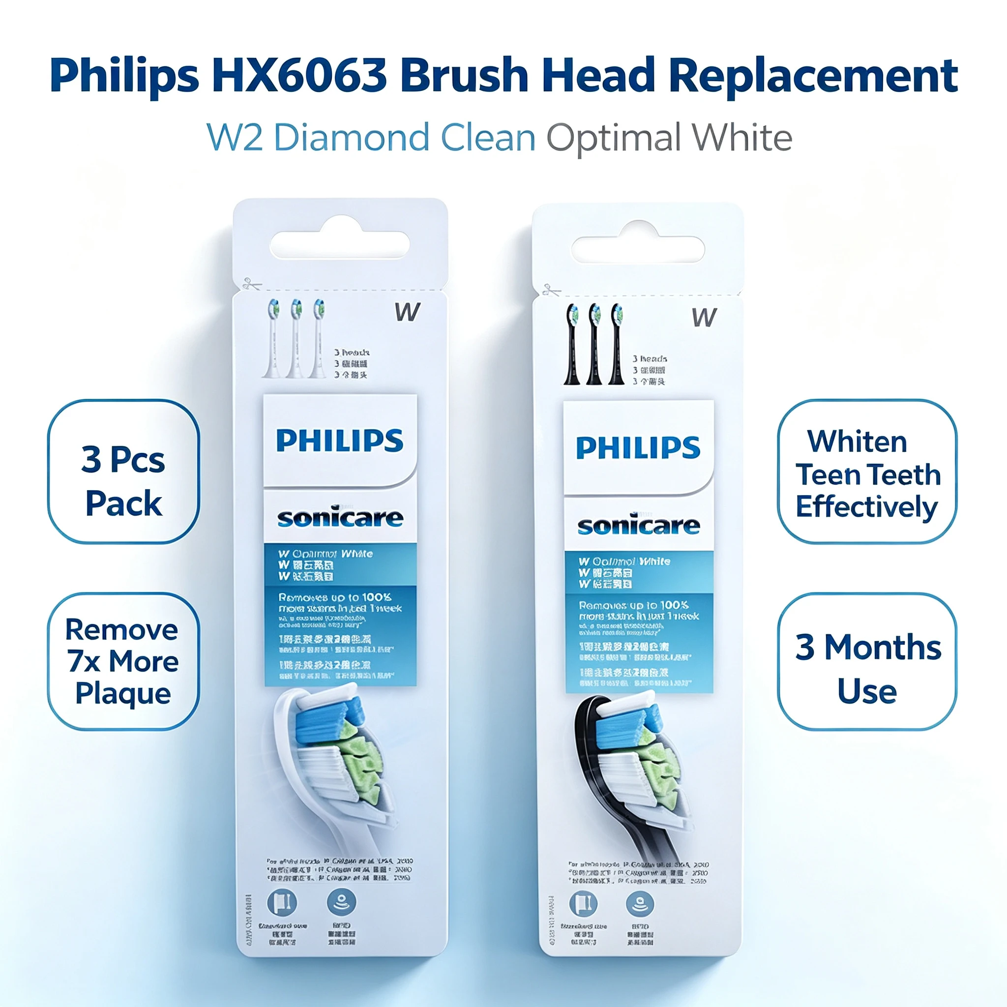 3pcs Philips Sonicare W2 Diamond Clean Brush Heads HX6063 Teeth Whitening Replacement Heads Soft Bristles for HX3/HX6/HX9