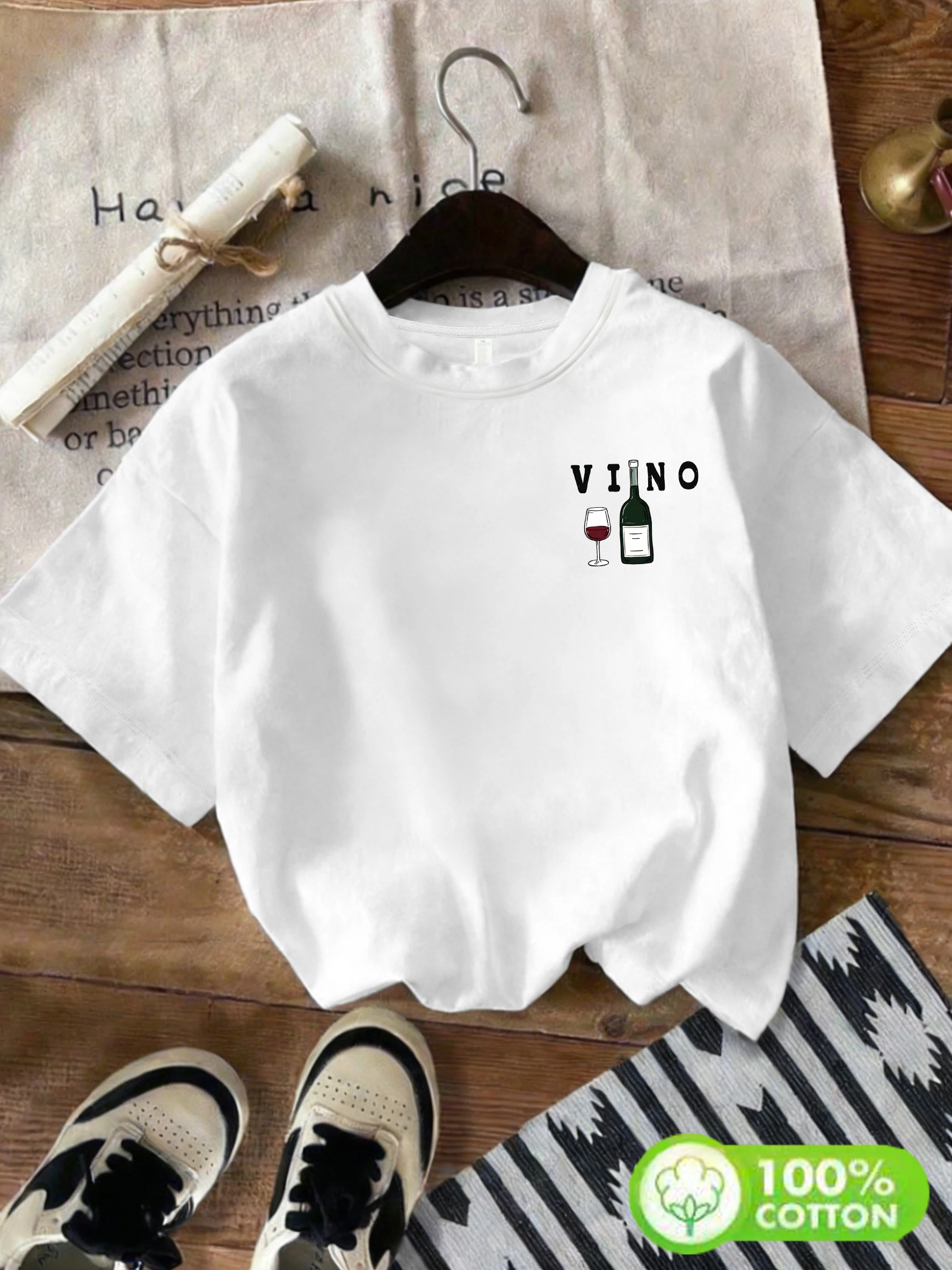 【ZXH313】Fine wine and delicious food printed women's T-shirt cotton top summer short sleeved women's cotton T-shirt  fashion