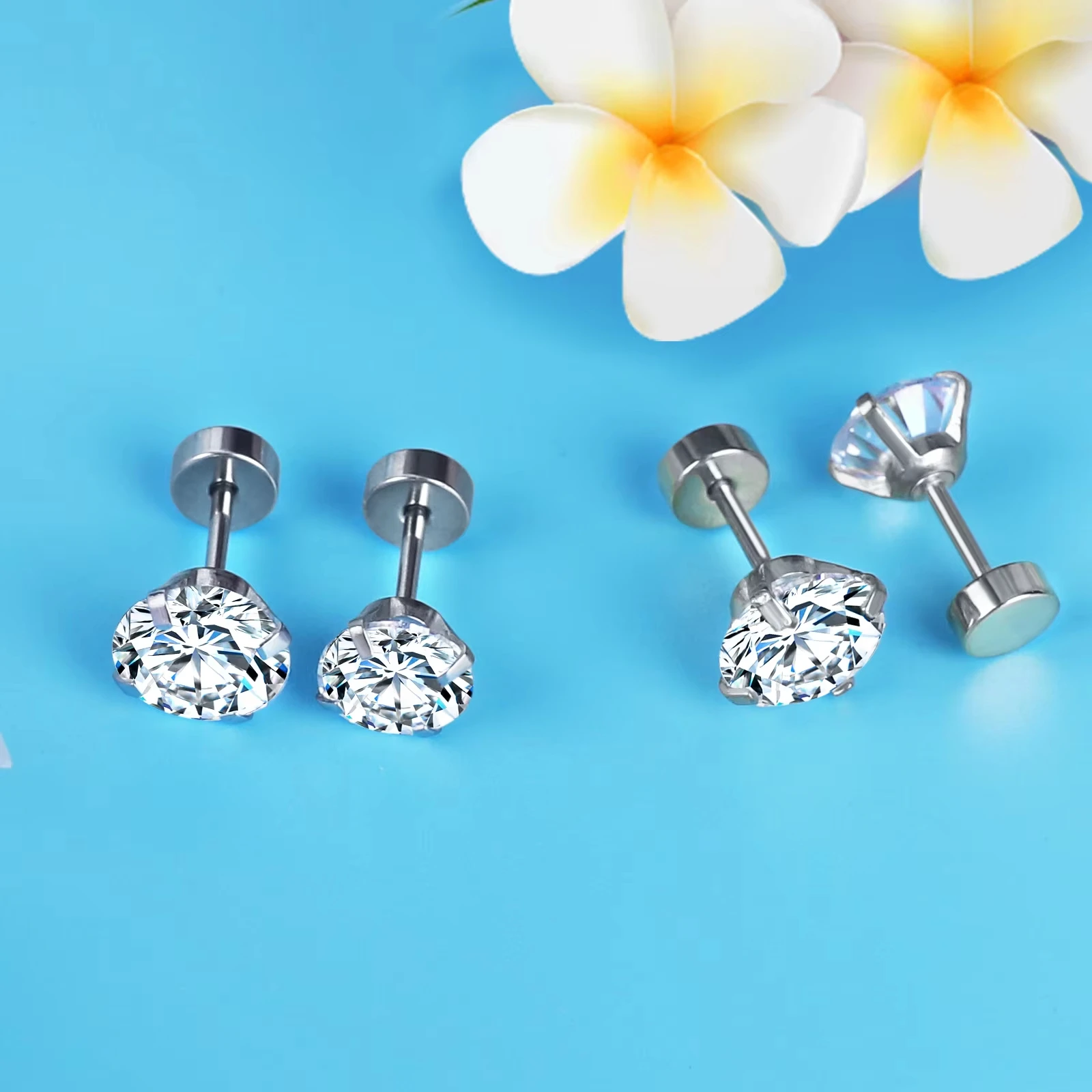 Piercing 2Pcs Shiny Crystal Zircon Stud Earrings For Women Men, Round Beads Screw Back Tiny CZ Ear Jewelry Stainless Steel 3-8mm