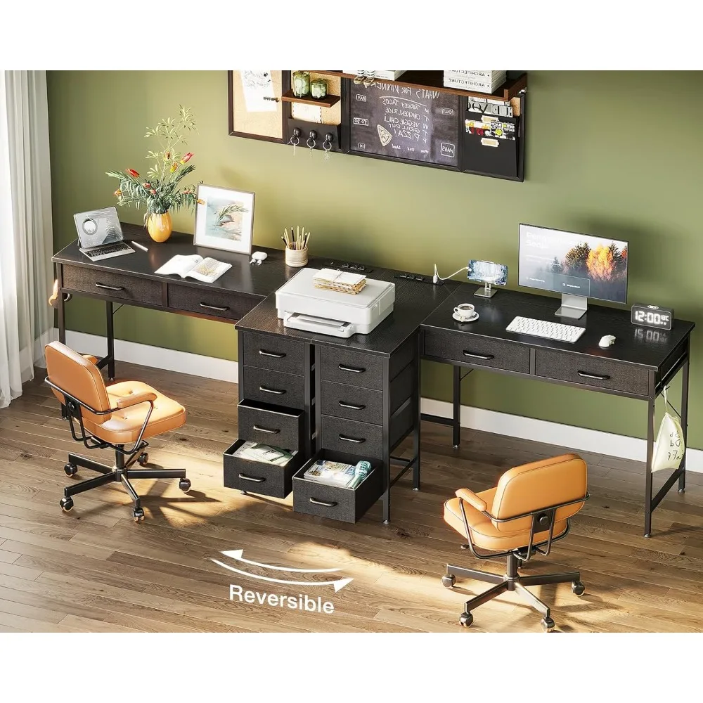 Mesa em forma de L de 50 polegadas com gavetas, mesa de computador com tomadas elétricas, mesa de escritório doméstico com 6 gavetas