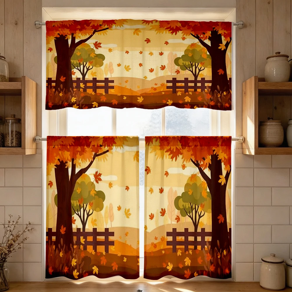Fall Kitchen Curtains, Autumn Tree Fence Landscape, Digital Print, Kitchen Dining Room, Rod Pocket Polyester, Home Decor
