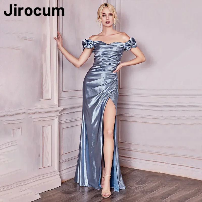 

Jirocum Simple Off Shoulder Evening Gowns Women's Mermaid Pleated Formal Occasion Gown Side Slit Floor Length Party Prom Dress