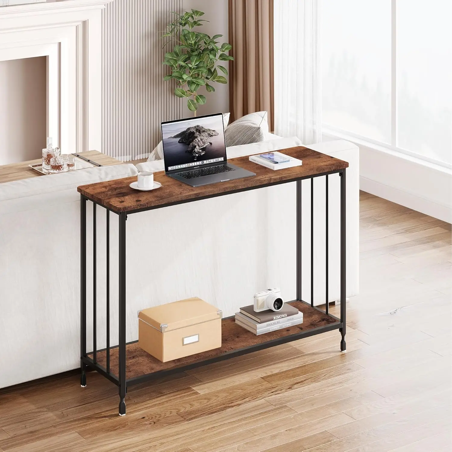 Table Garvee à structure croisée de 41,5 po : Console de canapé industrielle étroite marron rustique, comptoir, meuble de rangement inférieur pour entrée derrière le canapé, bureau pour salon, hall d'entrée, salon, couloir, meuble de couloir, kit de déménagement