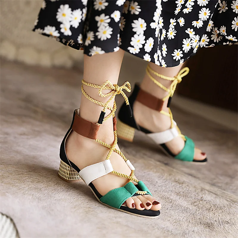 YMECHIC Hoof Heel Mixed Color Rome Shoes for Women Sandals Flock Cross Strap Low Heel British Style Summer 2022 Women\'s Shoes