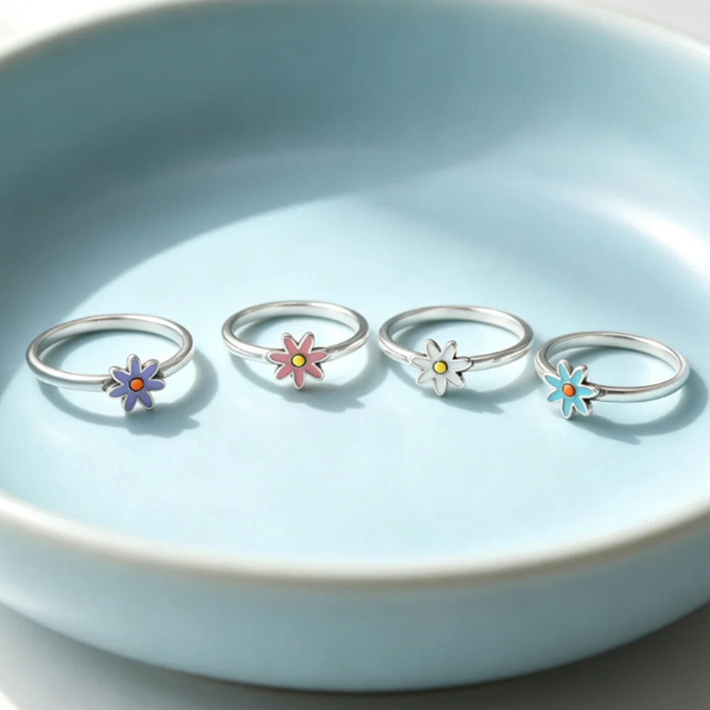 S925 Cute Enamel Small Flower Band Ring Silver‑Tone Turquoise Blue Floral Finger Ring For Women Girls, Minimalist Statement Ring
