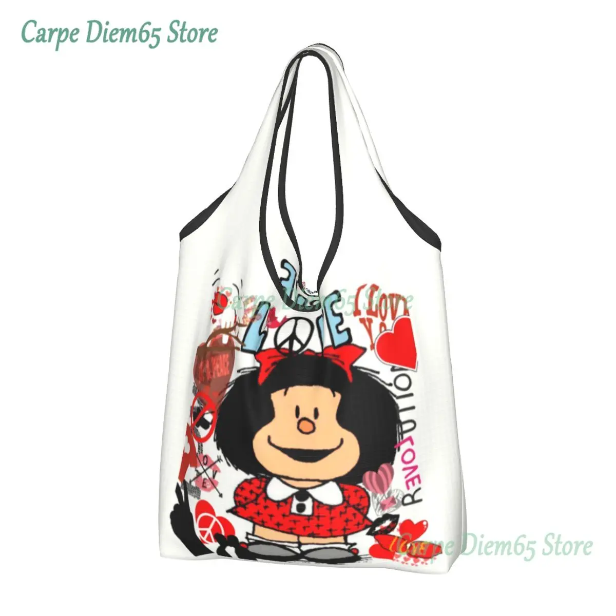 

Love And Mafalda Surrounded By Hearts Shopping Bags Women Portable Large Capacity Groceries Manga Cartoon Shopper Tote Bags