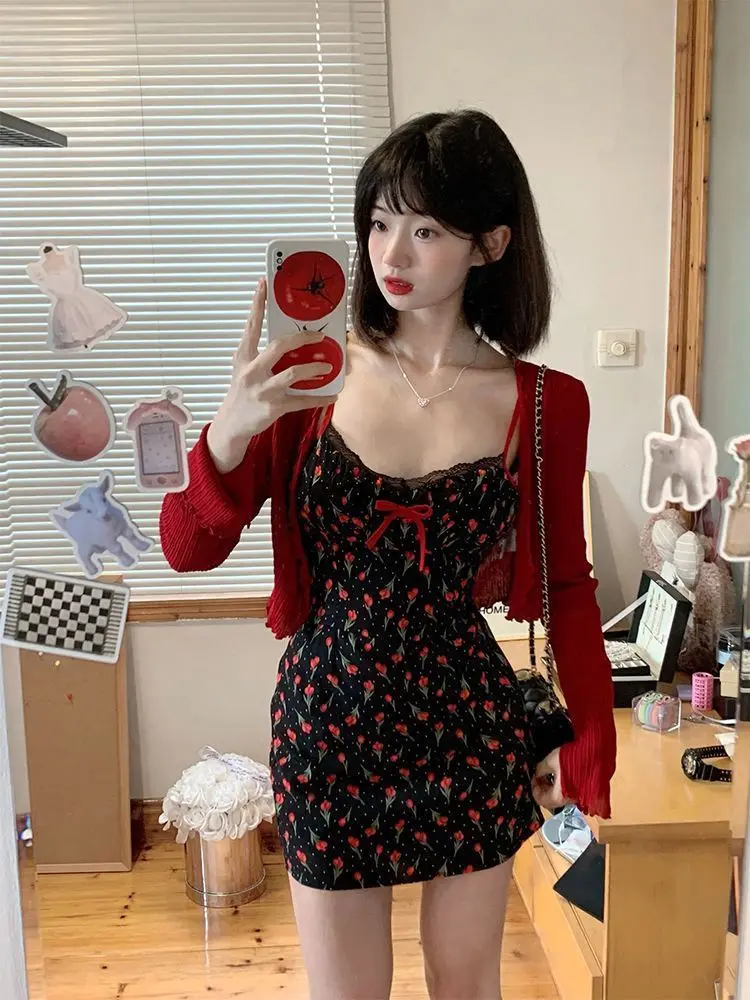 Sweet 2 Piece Dress Set Woman Red Long Sleeve Cardigan+Strap Floral Y2k Mini Dress Party Korean Fashion Suit 2024 Autumn Chic