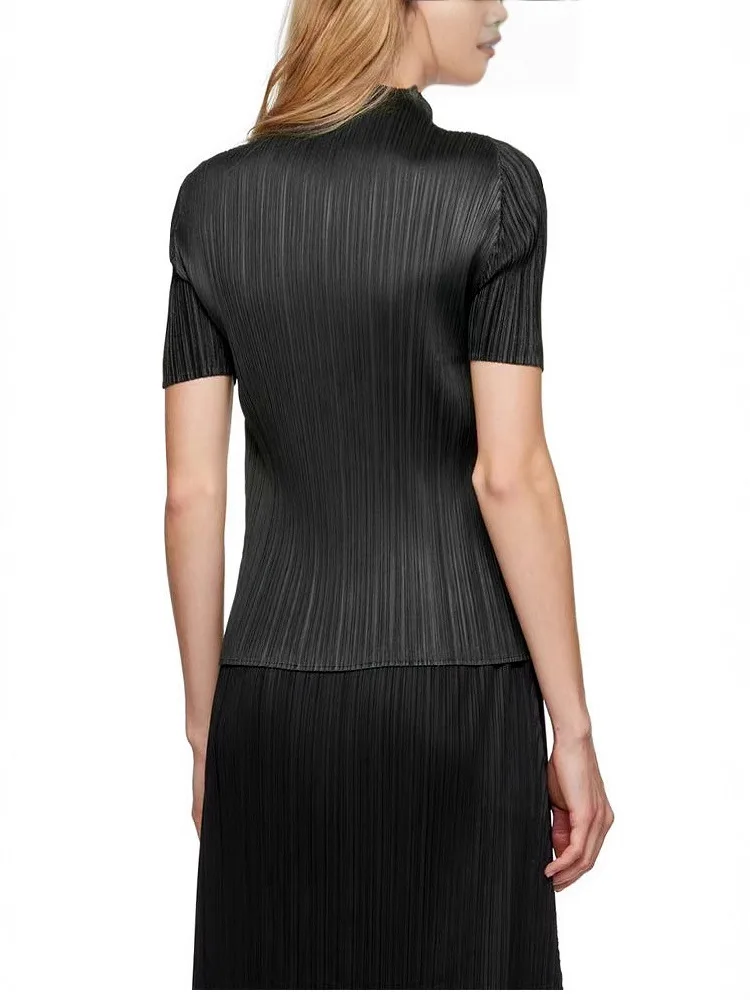 ISSEY Basic Classic Style Ruffled Half-Neck Solid Color Slim-Fitting Short-Sleeved Shirt T-Shirt