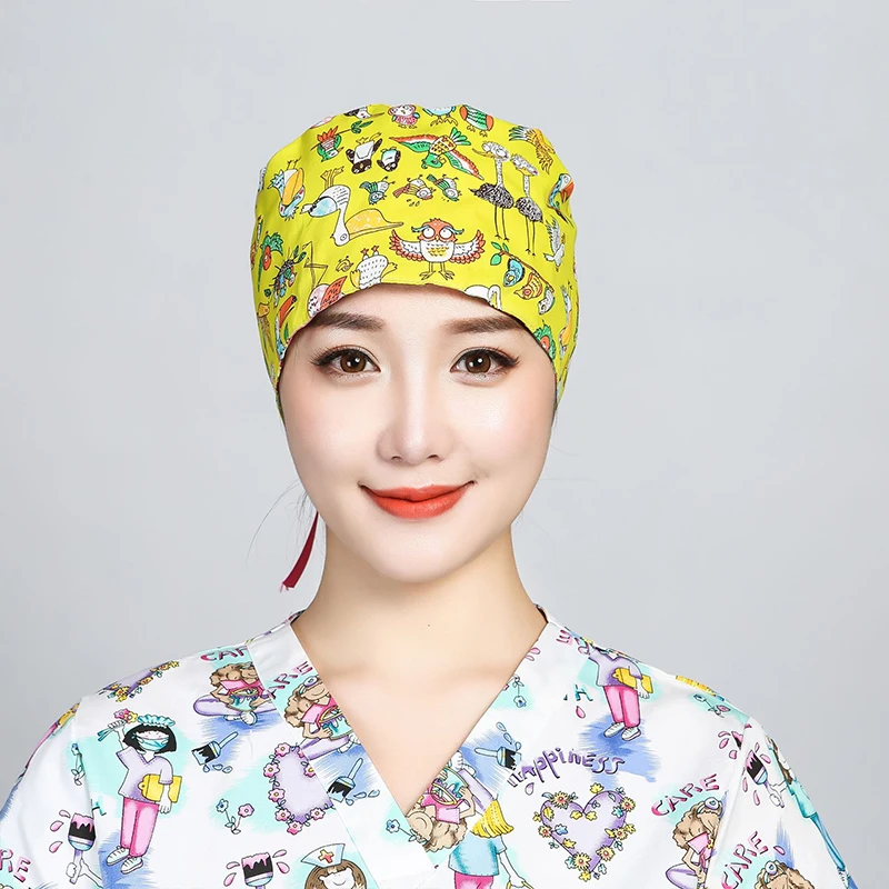 Nieuwe Zachte Scrub Cap Cartoon Print Scrubs Hoed Werken Chirurgische Hoed Vrouwen En Mannen Operatiekamer Hoed Verpleegkundige Accessoires