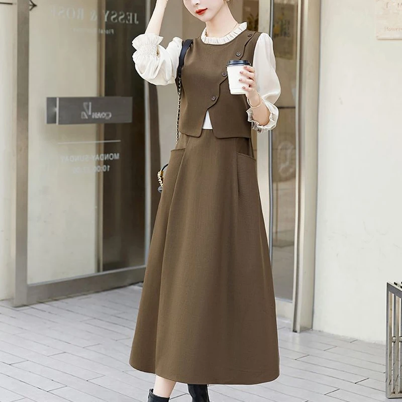 Spring Autumn Fake Two Pieces Midi Dress Women Stand Collar Long Sleeve Fashion Dresses Elegant Contrast Color Button Vestidos