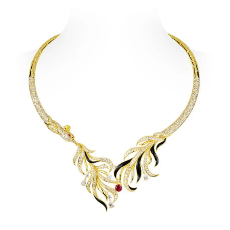 

BELLUX Torques Necklace 925 Silver Synthetic Zircon Phoenix Gold White Full Diamond Feather Luxury Original Design Necklace