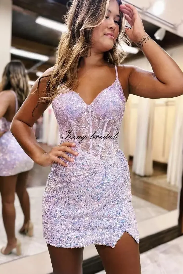 فساتين حفلات العودة للوطن بترتر سباركلي للمراهقين قصيرة ضيقة مزينة بفساتين كوكتيل رسمية صغيرة للحفلات الراقصة 2025 فساتين حفلات الزفاف