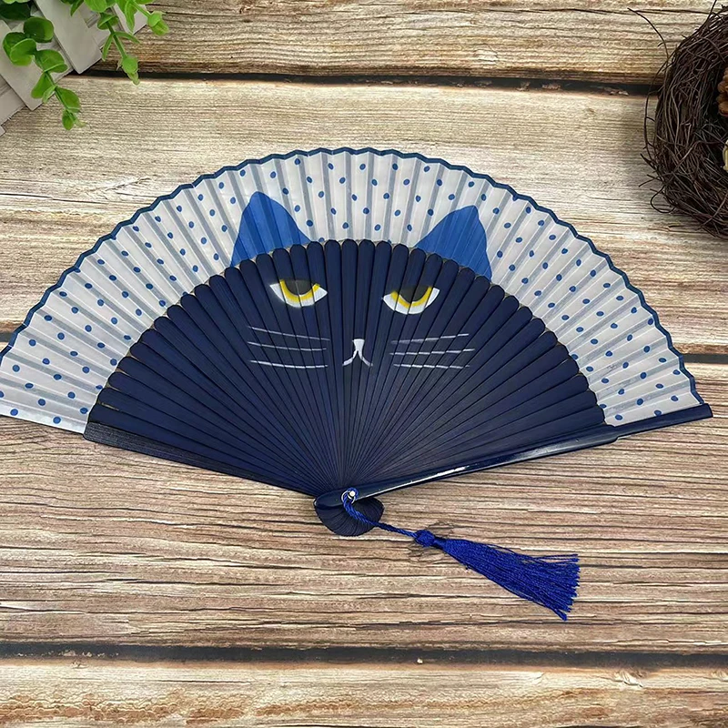 1Pc Cat Bamboo Folding Fan Japanese Style Japanese Style Cartoon Cat Set Folding Fan Decoration Crafts