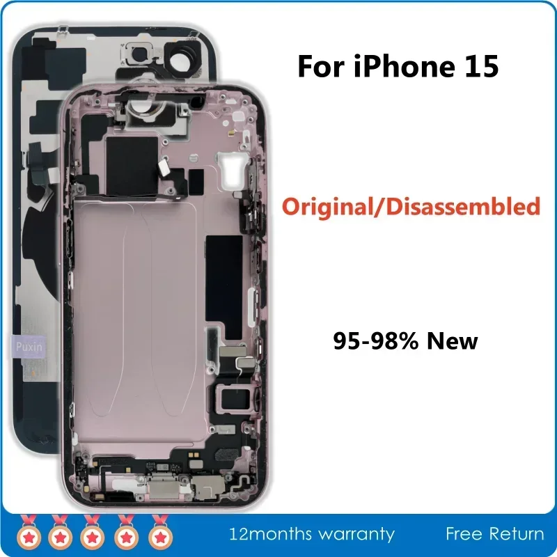 95-98% New Original Disassembled Middle Frame Housing Back Glass Cover For iPhone 15 with NFC Wireless Charger Assembly