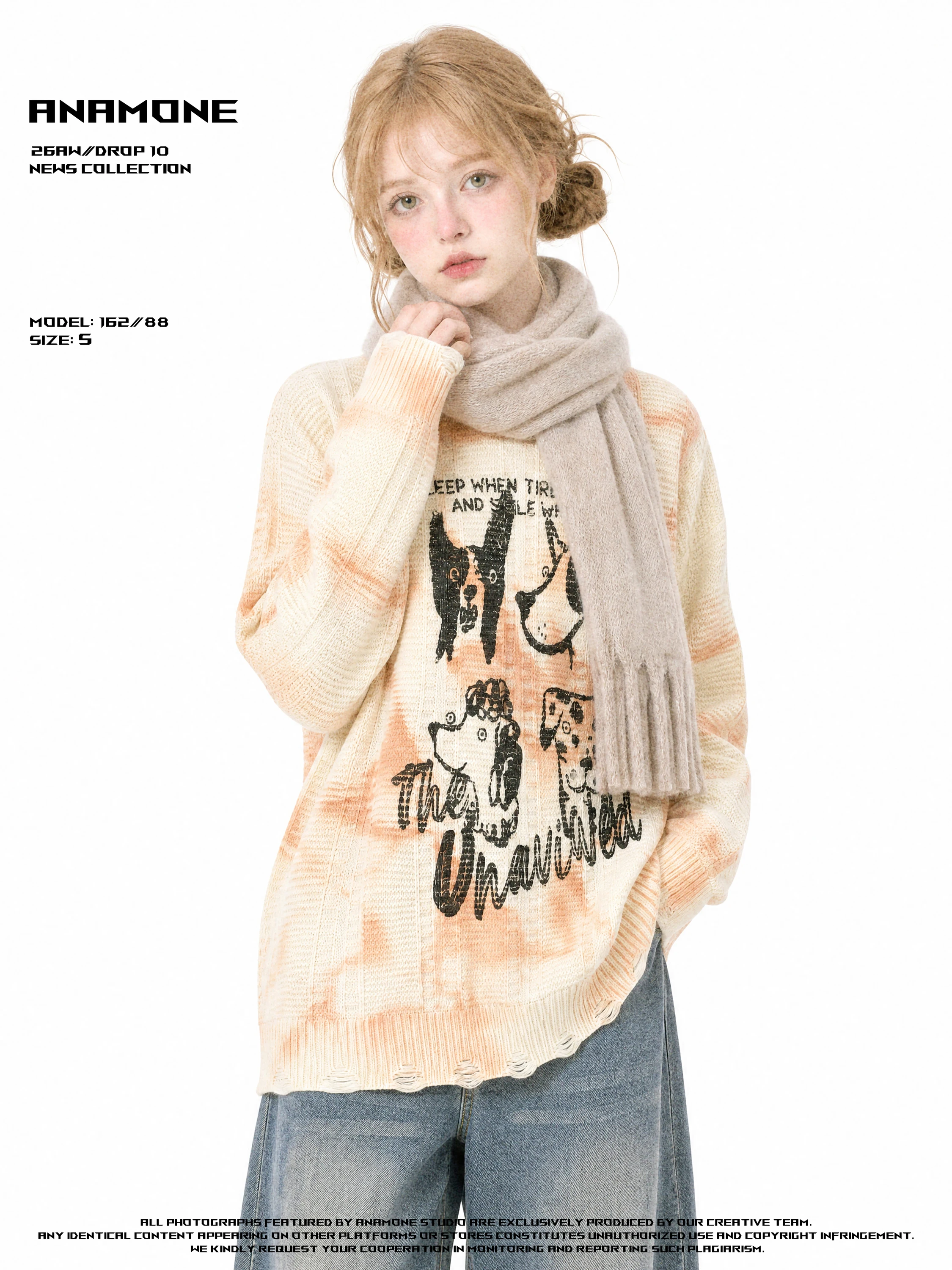 ANAMONE American Retro Tie Dye Dog Print Sweater Women's Loose Winter Break-In Design Sense Childhood Fun Style Long Sleeve