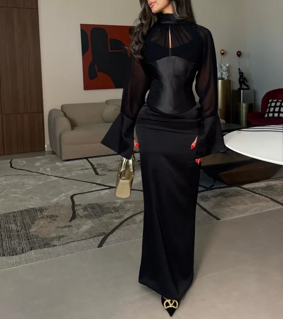Customized High Collar Black Evening Party Dresses Ankle Length Elegant Dresses for Special Occasions Robe De Soirée فستان احمر - view 2