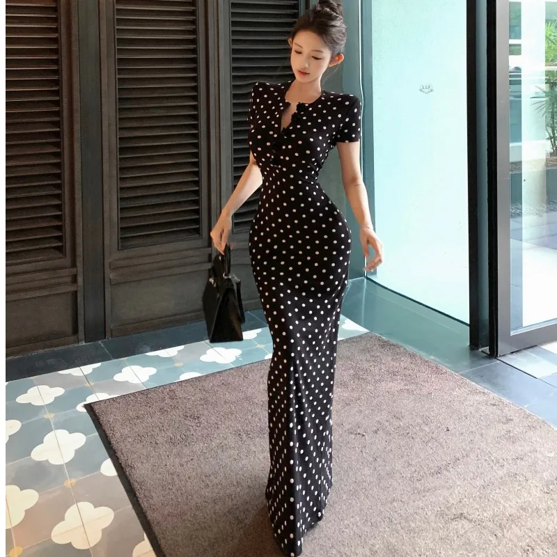 Ele Polka Dot V-Ne Floral Langes schlankmachendes Dr. Luxusgefühl Baumwoll-Sommerkleid Weicher Stoff Fi Tail Rock Ort Sve