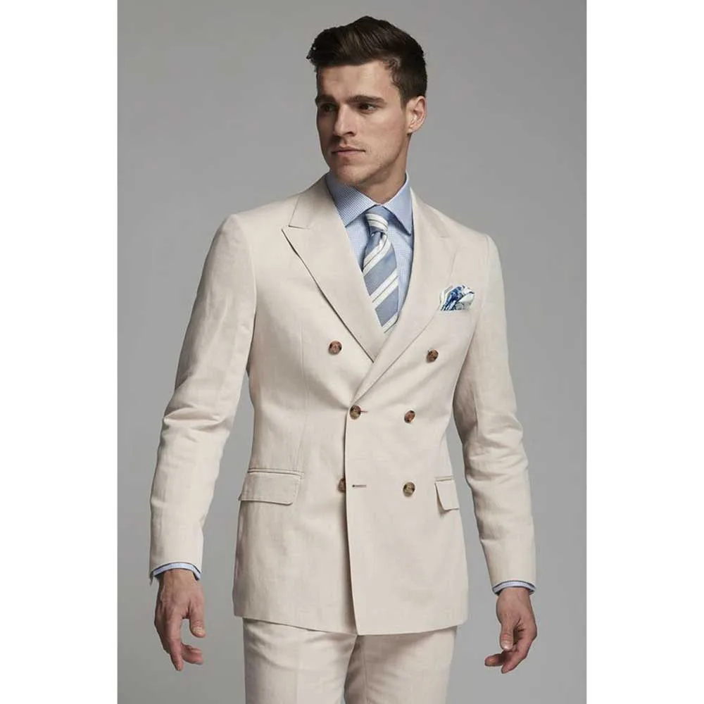 Handsome Beige Suits for Men Double Breasted Two Piece Jacket Pants Male Clothing Formal Wedding Party Business Blazer Sets