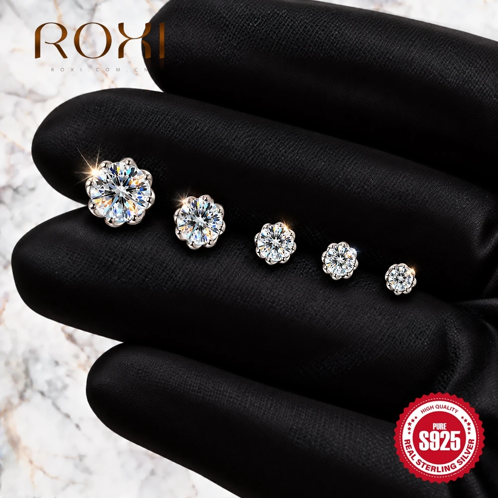 ROXI 1PC 925 Sterling Silver Moissanite Cartilage Stud Prong Set Internally Threaded Piercing Earring And Push Back Ear For Her