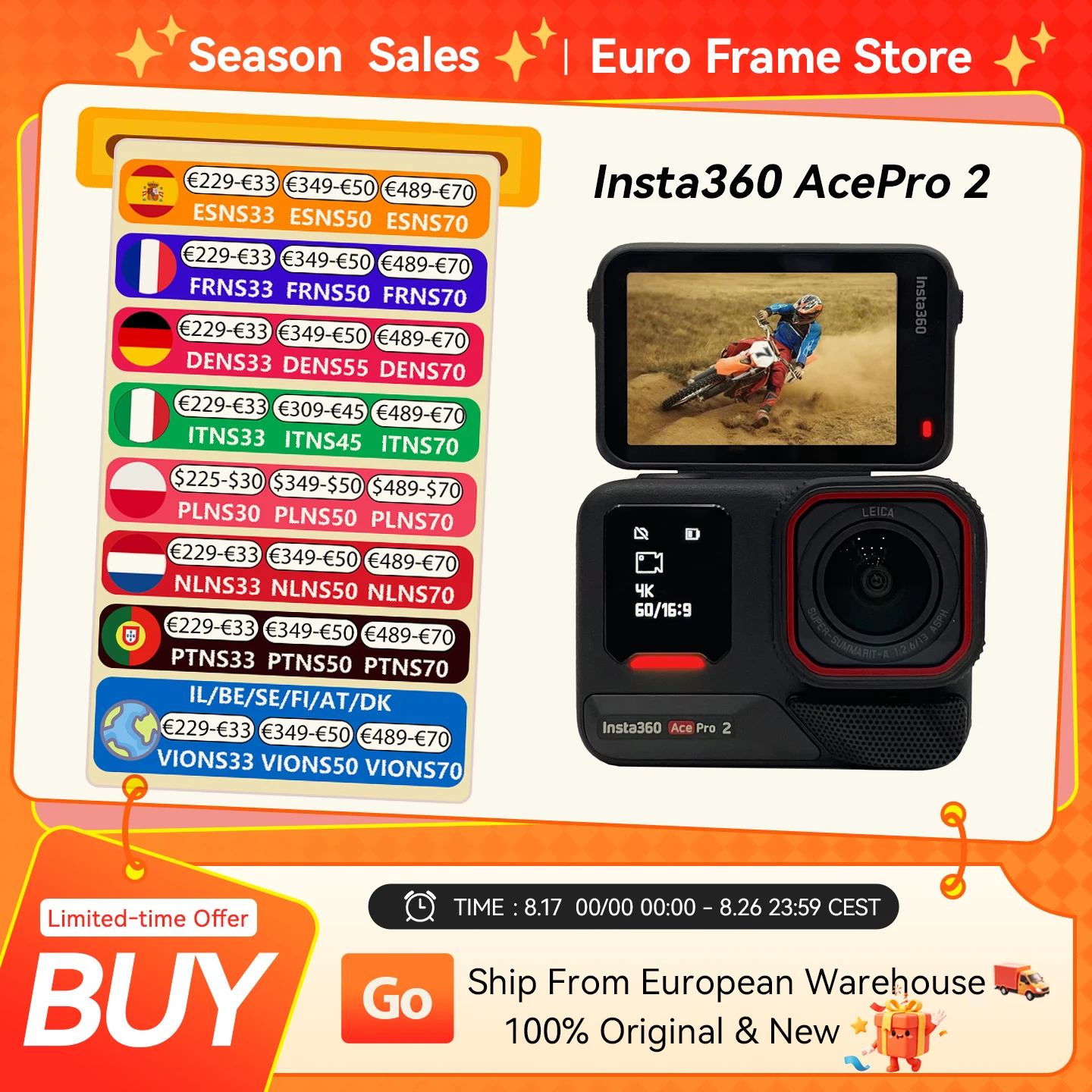 Insta360 Ace Pro 2, action camera impermeabile 8K, doppio chip AI, sensore da 1/1,3 pollici, AcePro 2 Nuovo