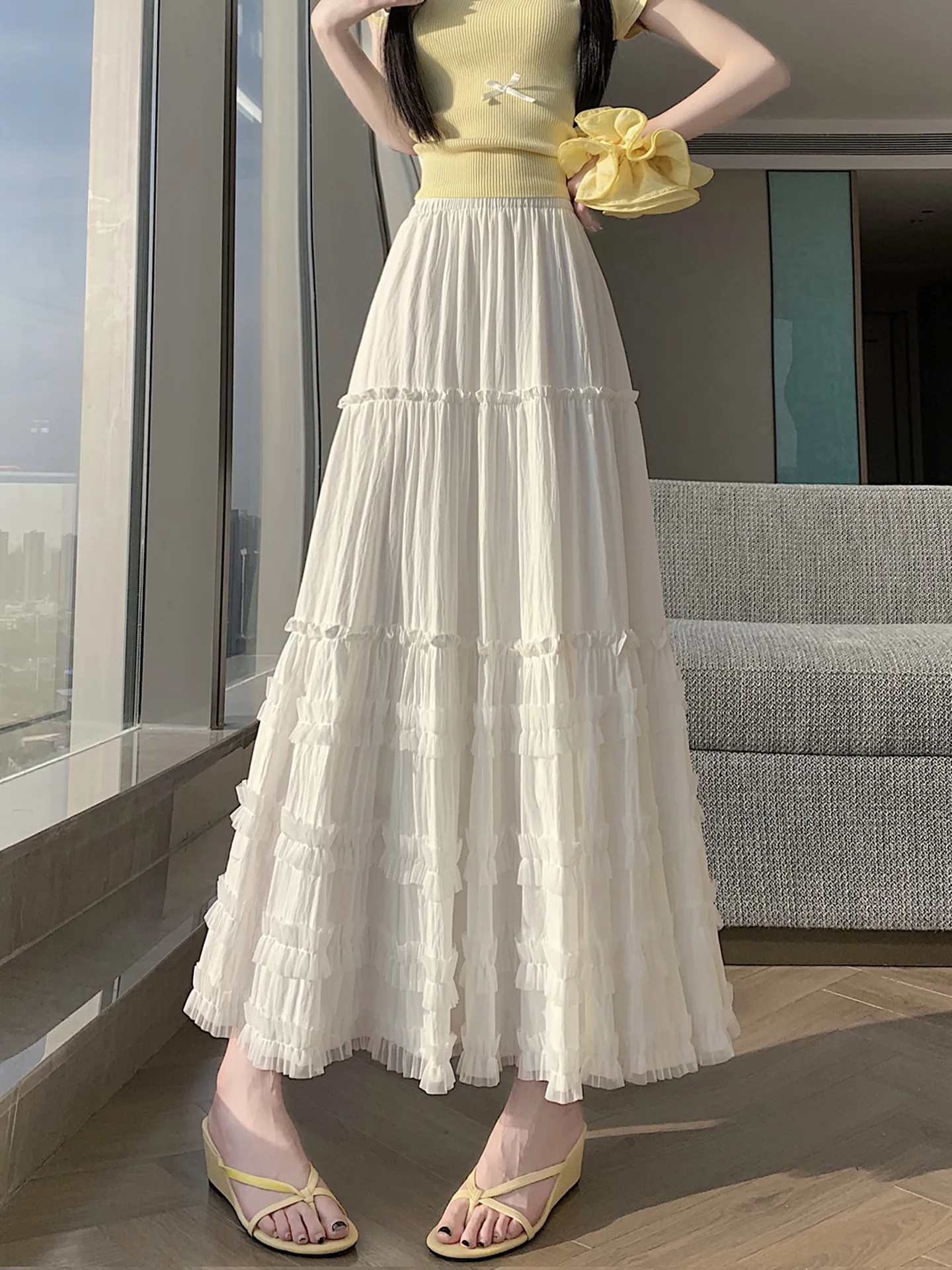 

Юбка А-силуэта с высокой талией, белая, с сетчатыми вставками, женская, весенняя, модный дизайн, юбка с плиссировкой, корейский стиль, полиэстер