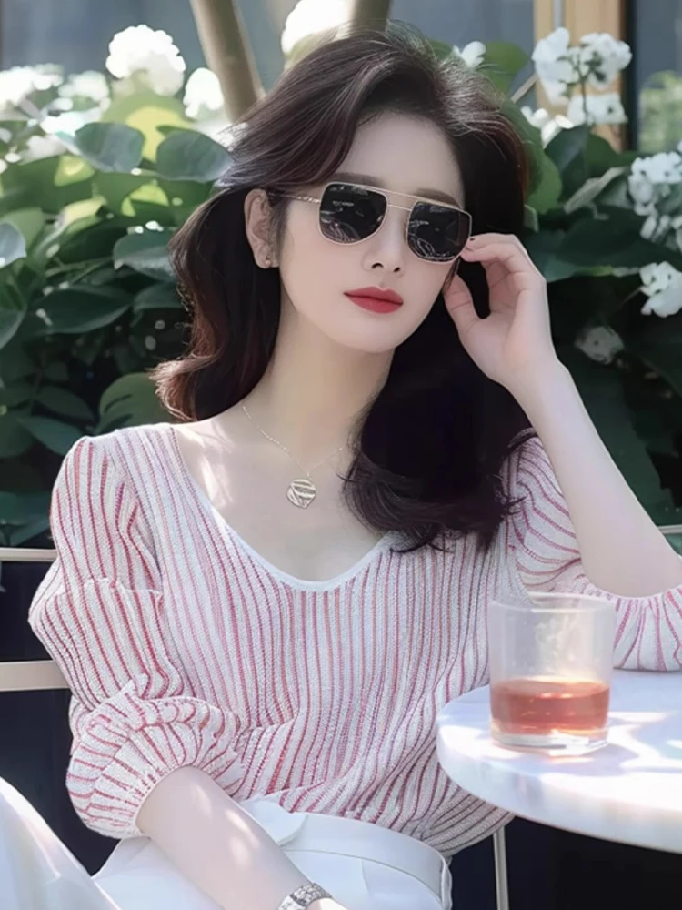 

Корейский круглый пуловер Ne ort Sve Sweet Cute Vertical Stripes Pink Base irt Summer New Arrival шелковый топ