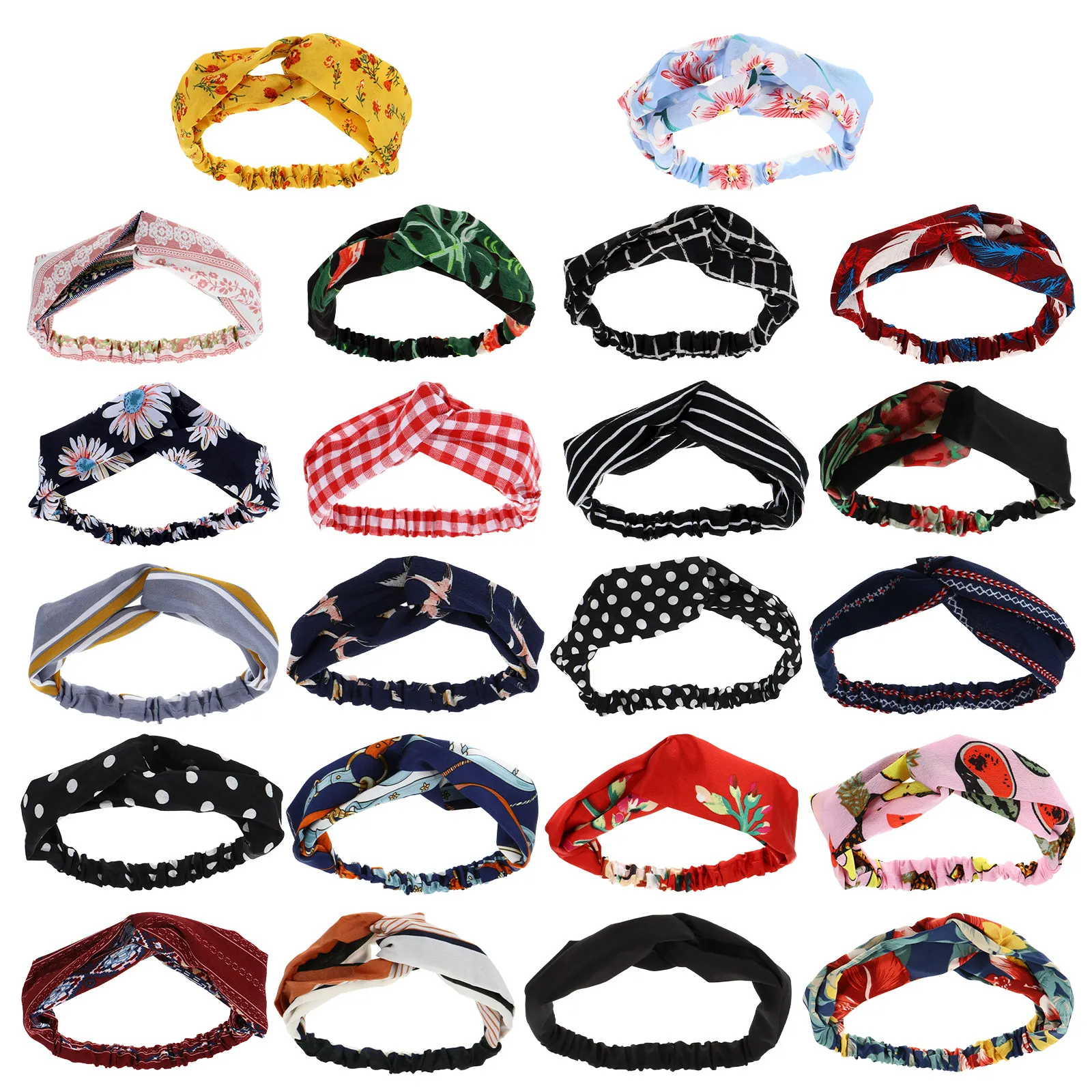 

Набор из 22 женских эластичных повязок для волос из шифона с перекрестным принтом для йоги, фитнеса, спорта, вечеринок и повседневного использования