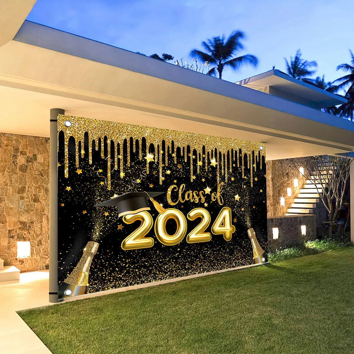 Happy Graduation Background Class of 2024 Congratulation Graduates Black Gold Glitter Balloons Background Party Decorations