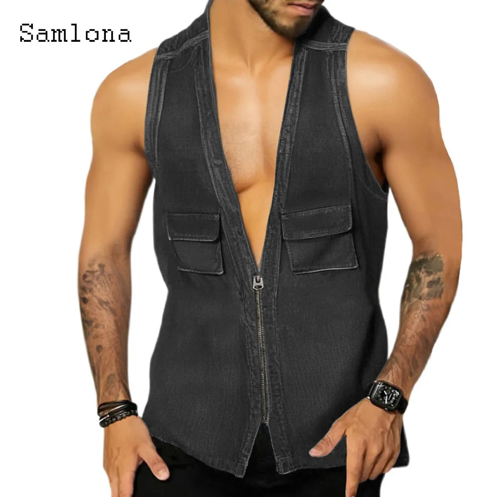 Men's Demin Tank Tops Men Streetwear 2024 America and Europe Style Fashion Zipper Pockets Jean Vest Male Sleeveless Demin Tshirt