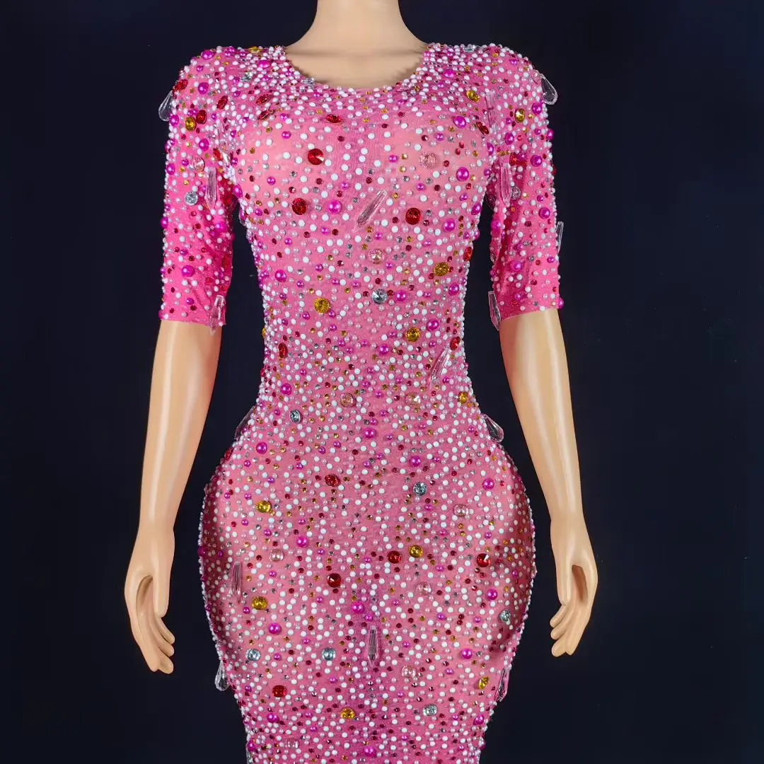 

Jiaochaxiong Gorgeous Women Half Sleeved Dinner Gown Multiple Colors Rhinestones Pearls Pink Skin Tone Splicing Long Skirt