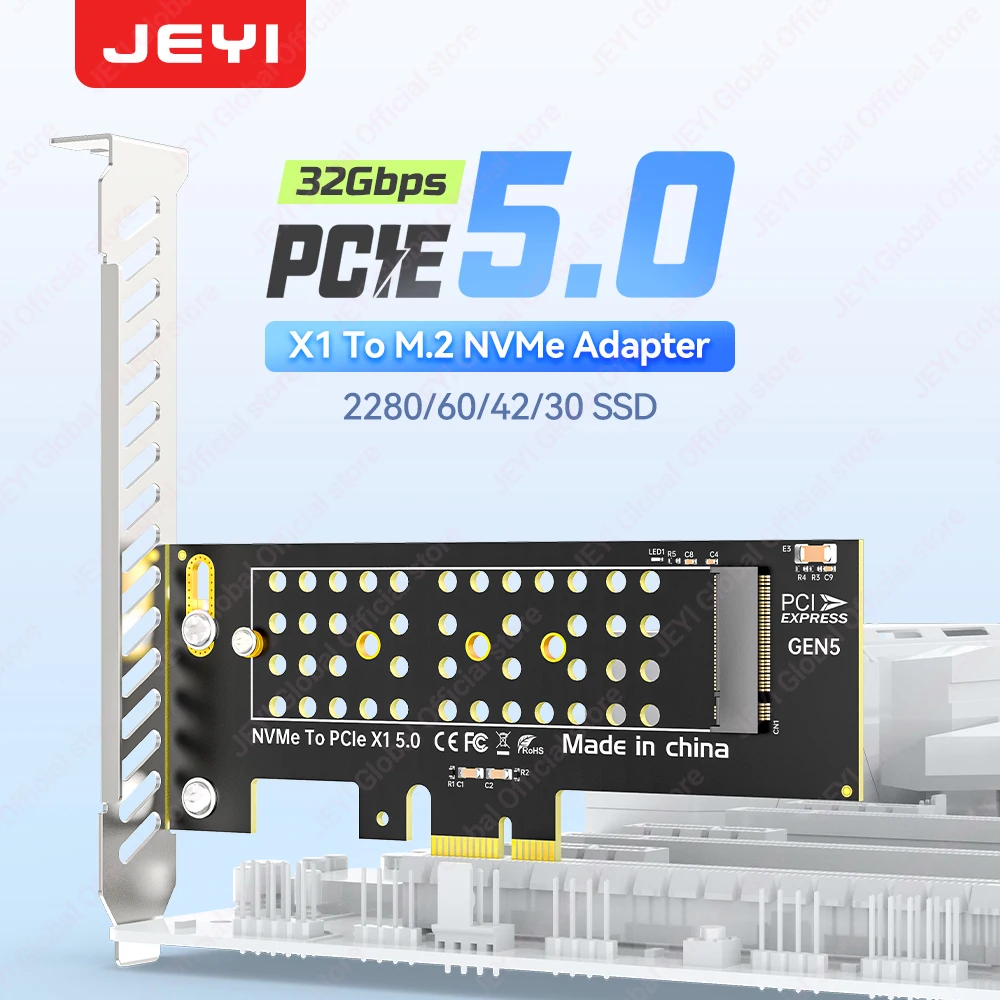 Jeyi pcie 5.0 x1 para m.2 nvme adaptador 32gbps velocidade para 2280/60/42/30 ssd oco para fora pcb resfriamento windows/linux/macOS compatível