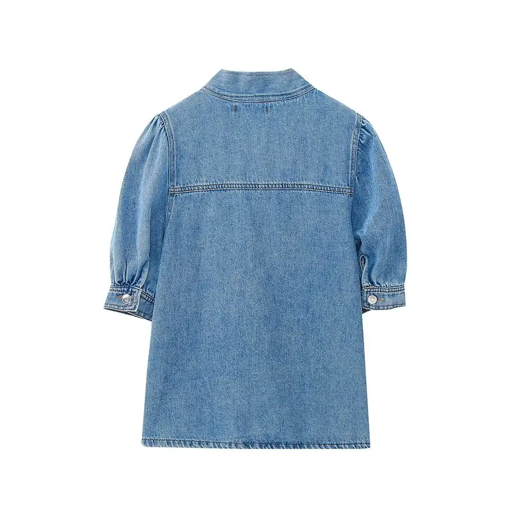Withered Fashion Ladies Elegant Blue Bow Short Sleeve Casual Denim Tops Women Summer French Denim Shirt