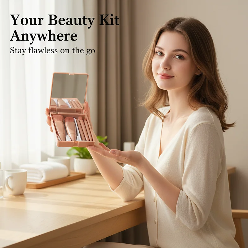 5개입 여행용 메이크업 브러쉬 세트 미니 메이크업 브러쉬, 케이스와 거울이 포함된 소형 완벽 기능 화장 브러쉬 키트