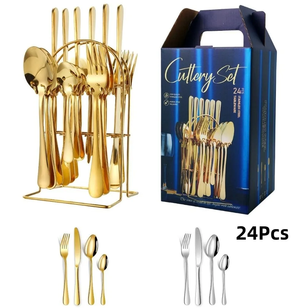 

24 шт., винтажный набор столовых приборов для стейка, утолщенный зеркально полированный набор столовых приборов из нержавеющей стали, гладкие края, нескользящая ручка